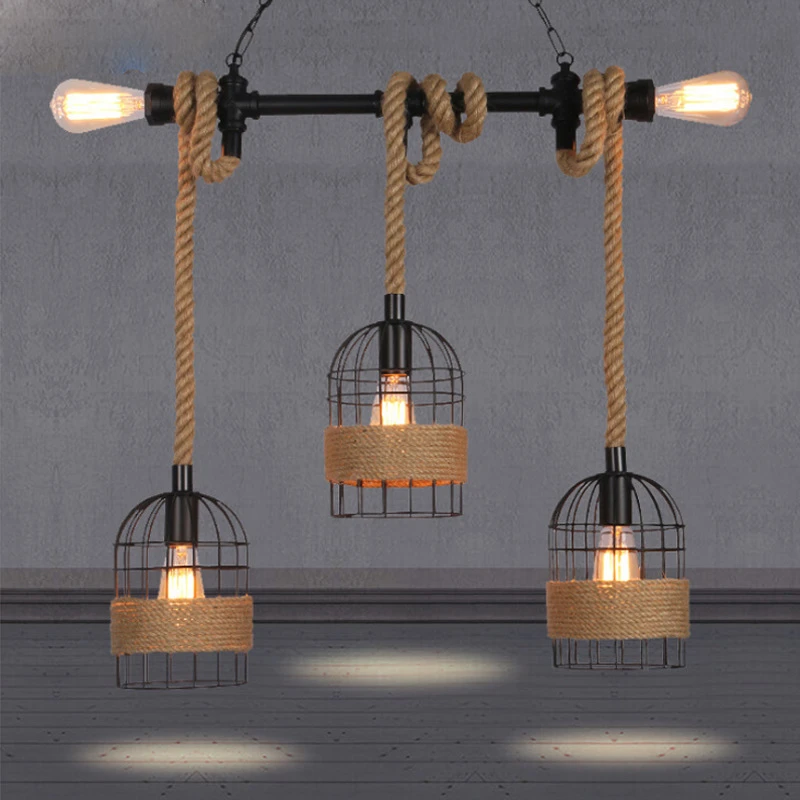

Retro Industrial Wrought Iron Chandelier Bar Restaurant Grill Shop Creative Personality Pipe Hemp Rope Hanging Light Fixtures