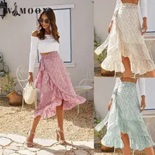 

Summer Strap Split Irregular Floral Chiffon Long Skirt Asymmetrical Lace-up Elegant Flowing Polyester LadyStyle Woman Skirts