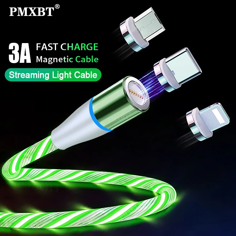 Магнитный кабель со светодиодной подсветкой 3A Micro USB Type C для быстрой зарядки и передачи данных iPhone Samsung Xiaomi