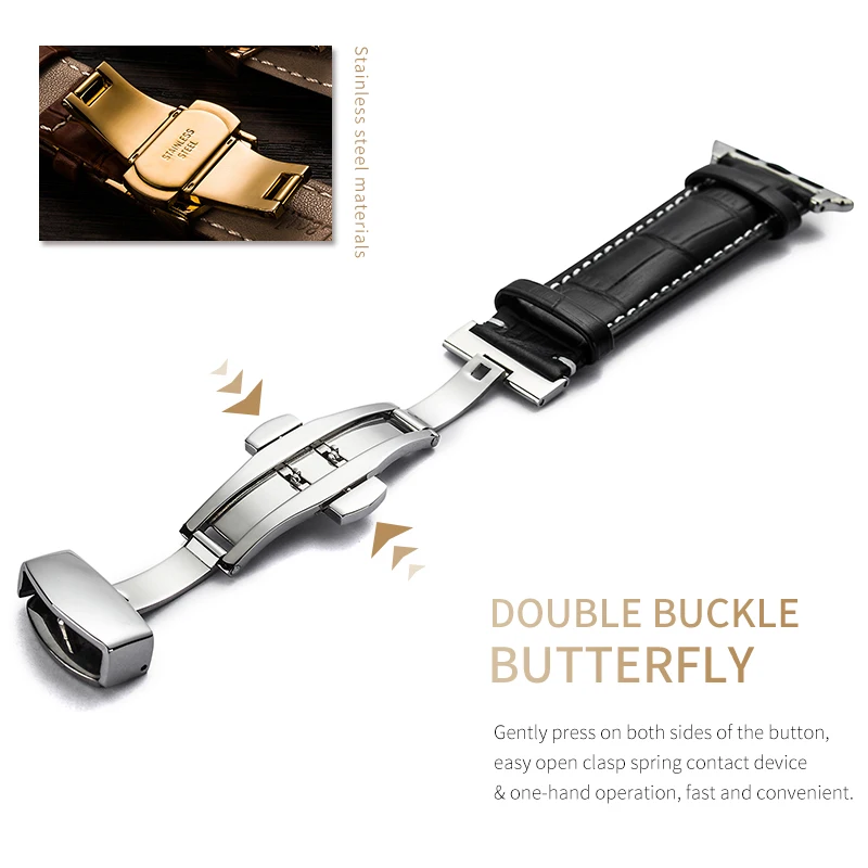Leather strap for apple watch 5 4 band correa applewatch 44mm 40mm 42mm 38mm iwatch 5 4 3 2 1 Butterfly buckle bracelet