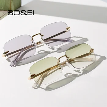 

SO&EI Fashion Rimless Rectangle Women Sunglasses Clear Green Gradient Eyewear Vintage Female Luxury Sun Glasses Shades UV400 Men