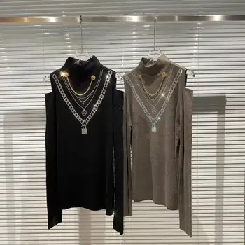 

Hain In Autumn And Winter 2020 Water Drill Hot Drill Chain Long Sleeve Turtleneck Off Shoulder T Shirt Women Tops