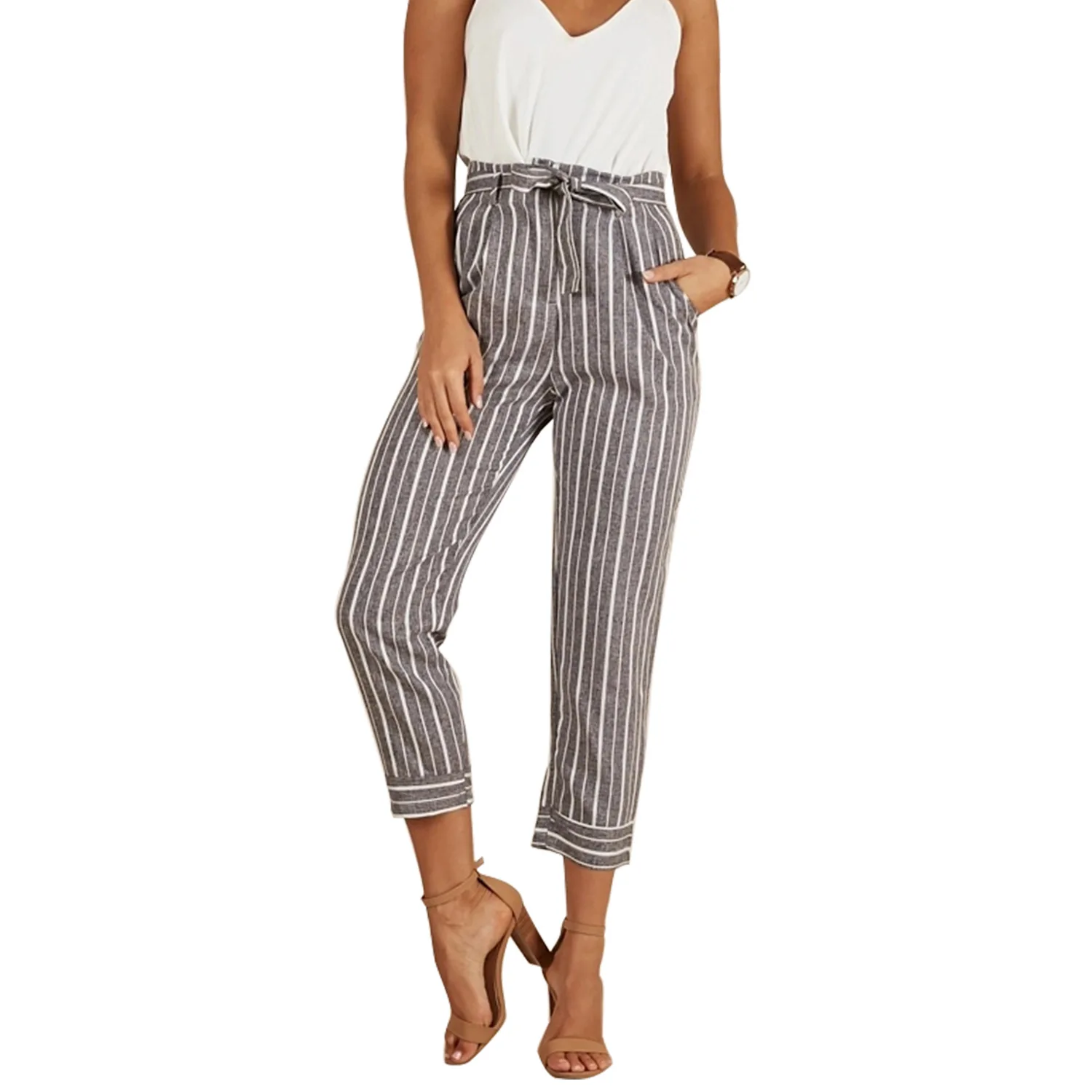 

Europe And America WOMEN'S Dress Stripes High-waisted Slim Fit Significantly Higher Capri Skinny Casual WOMEN'S Pants plus Size