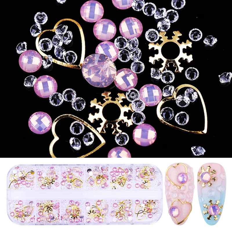 

12 Grids/Box Nail Rhinestones Dried Dry Flowers Colorful Flat Back Bottom Mixed Size Water Droplets 3D Nail Art Decorations