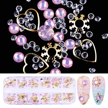

12 Grids/Box Nail Rhinestones Dried Dry Flowers Colorful Flat Back Bottom Mixed Size Water Droplets 3D Nail Art Decorations