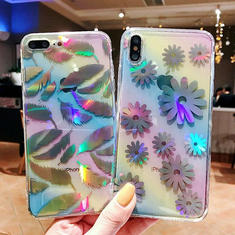 Блестящий цветной чехол для телефона с цветочным рисунком и перьями iPhone 7 6 8 Plus X XR