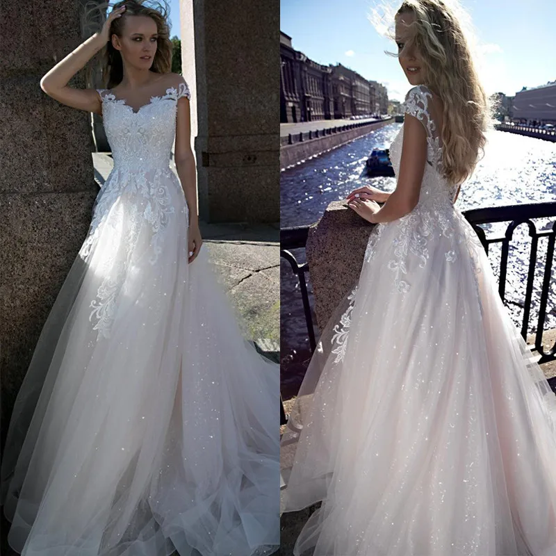Elegant Lace Appliques Wedding Dresses 2019 Cap Sleeve Bride Dress Backless vestido de noiva Sequin Tulle Beach Wedding Gowns
