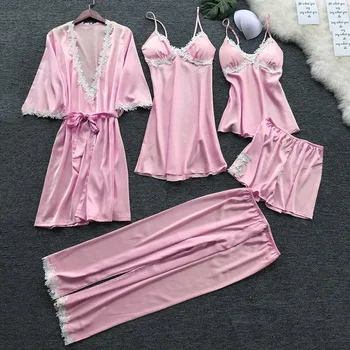 

5 Pieces Women Pajama Sets Pajamas Nightgown Silk Sleepwear Women's Underwear Robes Babydolls Set 5pcs Pajamas Lingerie