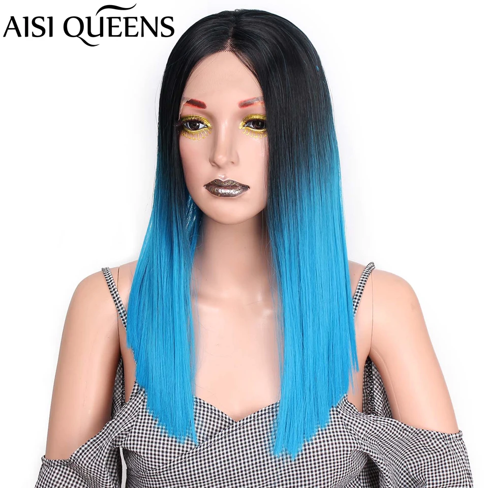 AISI QUEENS синтетические кружевные парики для женщин, распродажа, Омбре, черные, синие прямые волосы, средняя часть, кружевные передние парики, термостойкие волосы