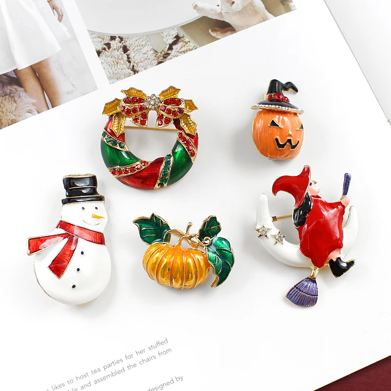 Retro Generous Christmas Brooch Cute Snowman Crystal Bell Enamel Pins Halloween Funny Pumpkin Witch Star Moon Jewelry | Украшения и