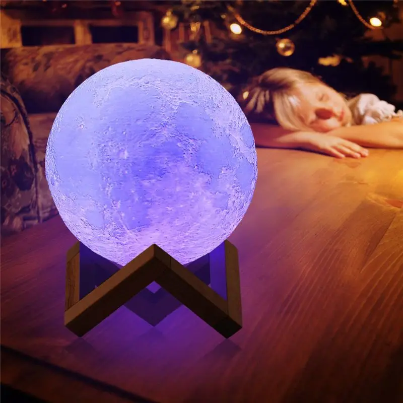 

3D Print Moon Lamp 16 Color Creative Touch Switch Rechargeable LED Night Light with Wood Stand Home Decor Bedroom Decoration Bir