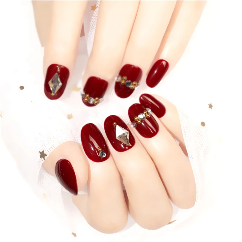 Nusx 24pcs Classical French Fake Nail Diamond Decoration Short Round Head Red Full Cover Bride False 4