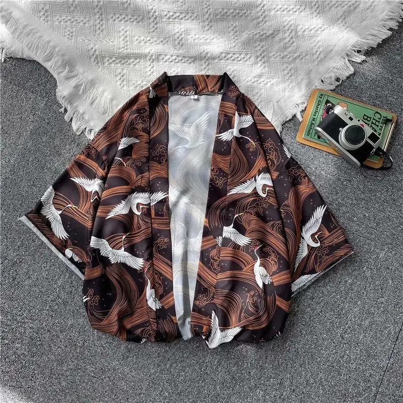 Japanese Kimono Man V-hanver Yukata Mannelijke Samurai Kostuum Haori Obi Strand Mannen Kimono Vest Japanse Streetwear Jas