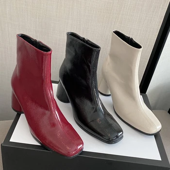 

Winter INS 2020 Fashion Women Round High Heels Ankle Boots Lady Beige Heels Chelsea Boots Beige Heels Patent Leather Boots Shoes
