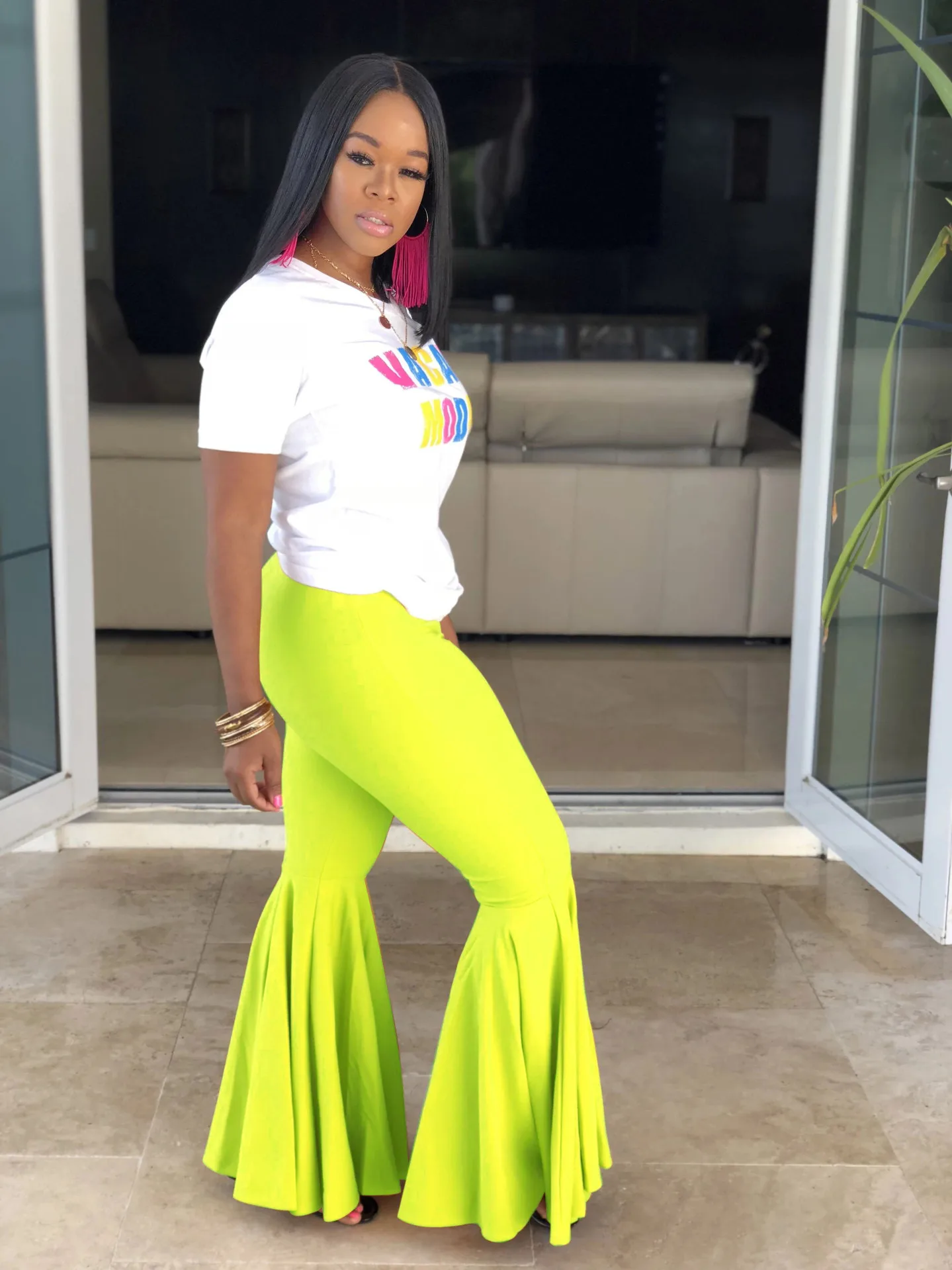 ANJAMANOR/сексуальные широкие брюки-клеш с высокой талией, женские брюки-клеш, большие размеры, яркие цвета, расклешенные брюки, осенние модные
