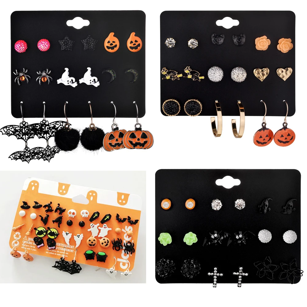 

Christmas Halloween Stud Earring Set Women Bat Pumpkin Lamp Spider Web Skeleton Ghost Cross Pendant Ear Studs Wholesale Jewelry