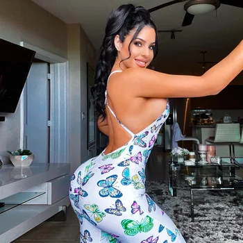 

Summer Women Fashion Butterfly Print Jumpsuits Long Rompers Sleeveless Girls Fitness Playsuits Clothes Backless Slim Romper