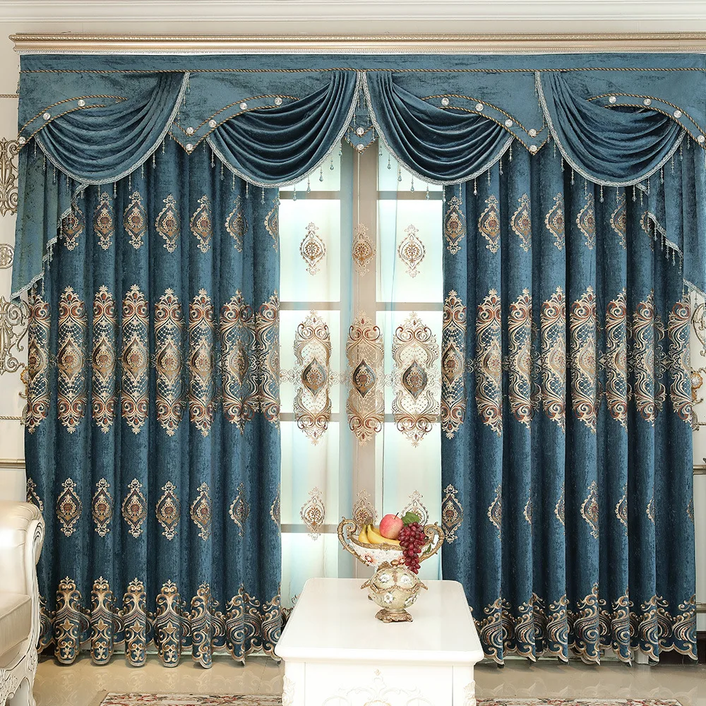

Custom curtains European Upscale window blue Chenille embroidered bedroom cotton cloth blackout curtain tulle valance drape M823