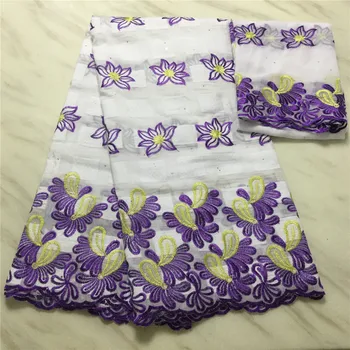 

White And Purple 2020 African Net Lace Fabric 100% Cotton Embroidery High Quality Swiss voile Lace Fabric For Dress 5+2Yards/Lot