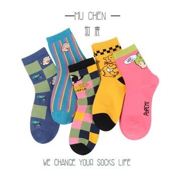 

Popeye Cartoons Cotton Socks Women Men Cute Funny Anime Crew Sock Pink Blue Striped Unisex Streetwear Fashion leisure Casual