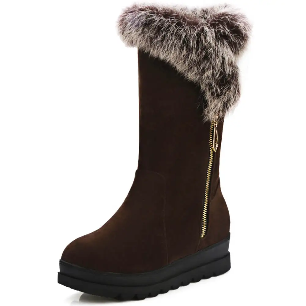 RIBETRINI Thermal Fur Boots Women Hidden Wedge Heels Round Toe Platform Shoes Woman Rabbit Hair Nubuck Snow Boots Big Size