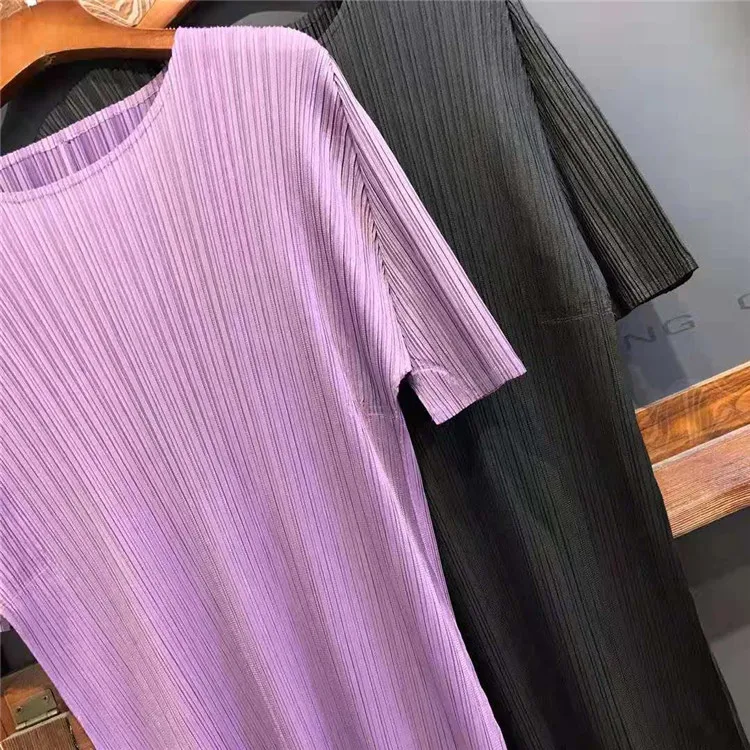 Miyake летние новые женские с высокой талией тонкие с круглым вырезом Плиссированные Модные платья с коротким рукавом