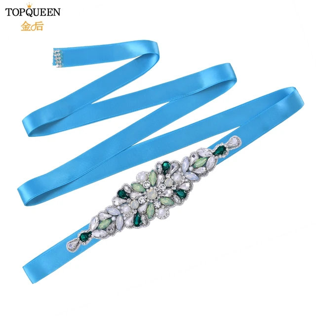 TOPQUEEN S443 Luxury Green Rhinestone Bridal Belt Beaded for Formal Evening Dresses Custom Diamond Decorative Belt Handmade blue ribbon