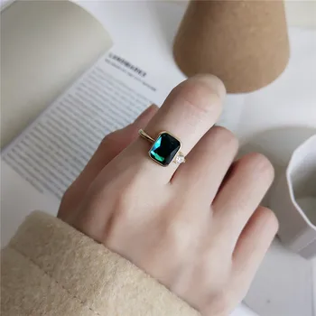 

RUIYI Real 925 Sterling Silver Japanese Korean Girl Exquisite Green Zircon Emerald Rings Women 18K Gold Nordic Style Chic Rings