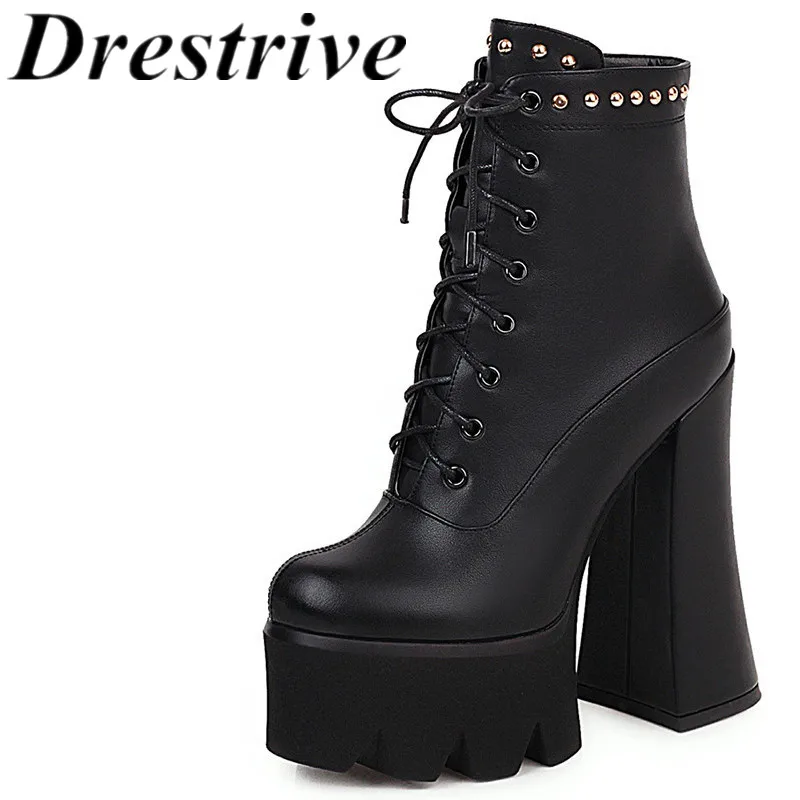 Drestrive Pu Leather Thick Heels 15cm Women's Ankle Boots Platform Rivet Zipper 2020 Winter High Heel Shoes Cross Tied Black