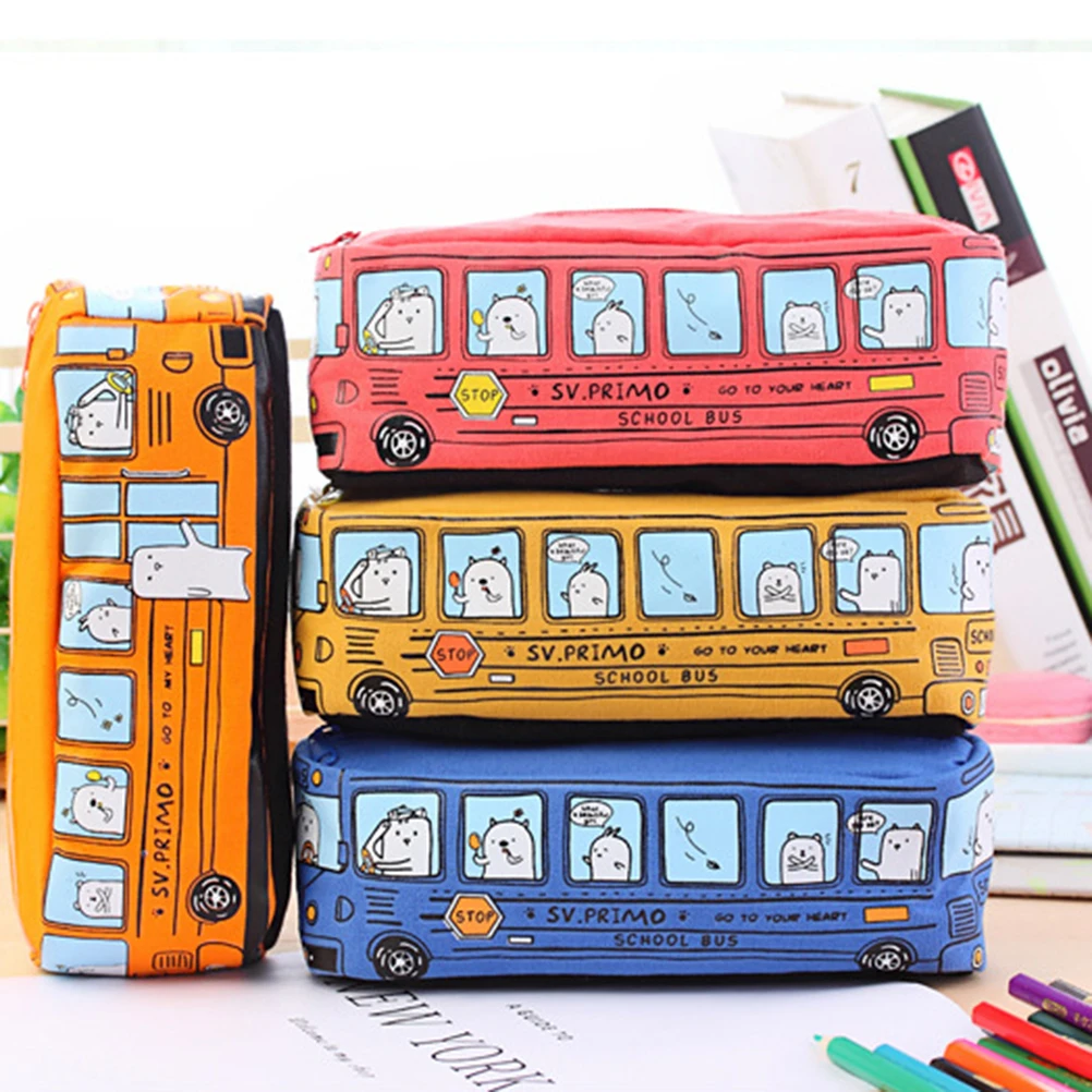 

Creative Bus Shape Pencil Case Canvas Stationery Box Women Makeup Brush Bag Cartoon Animal Zipper Cosmetic Pen Pouch