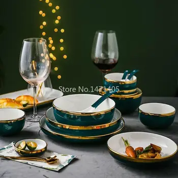 

Simple Nordic Light Luxury Dark Green Phnom Penh Ceramic Plate Dishes Tableware Set Suitable for Hotel Household
