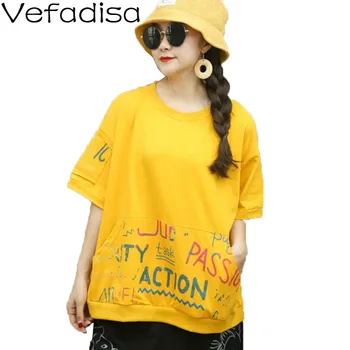 

Vefadisa Summer Letter Print T-shirt Plus Size Women T-shirt 2020 Pocket Casual Short Sleeve T-shirt Black White Red QYF2605