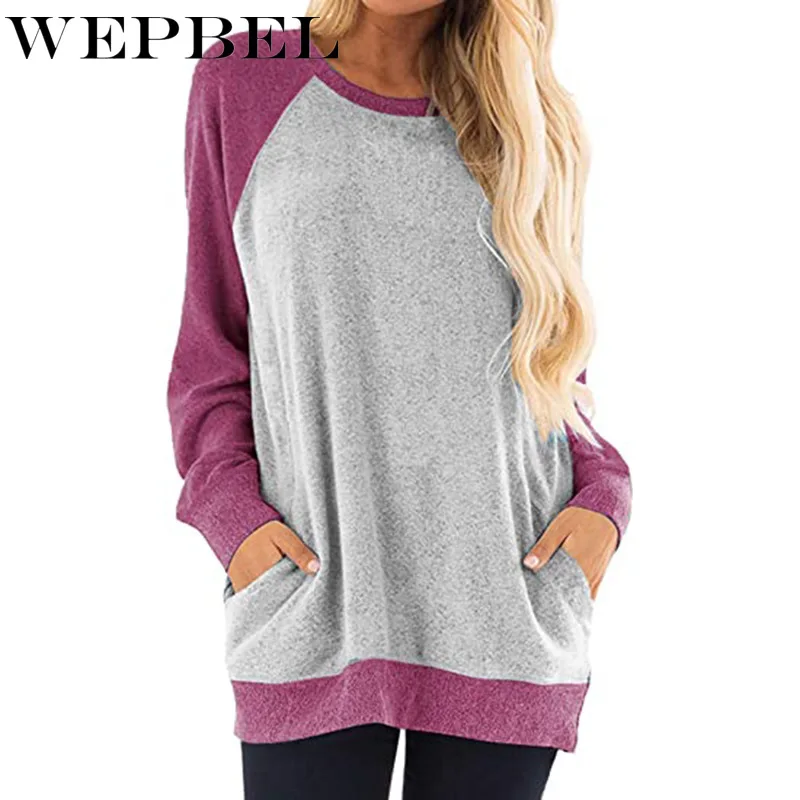 

WEPBEL Autumn Fashion Long Sleeve O-Neck T-shirt Tops Women's Casual Patchwork Loose Pullover T-shirt