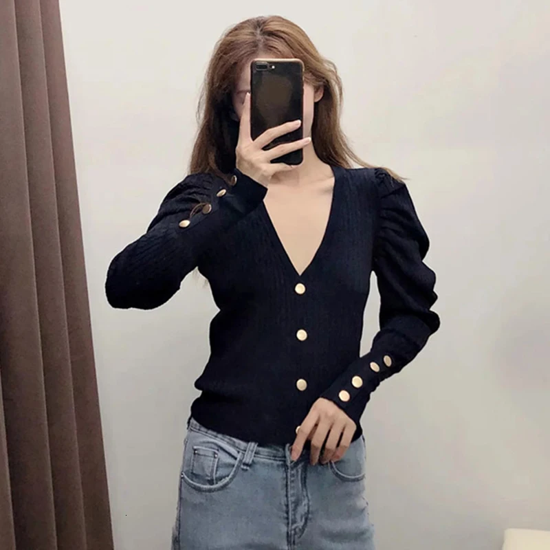 TWOTWINSTYLE Black Knitted Women's Sweater V Neck Puff Sleeve Single Breasted Korean Sweaters Female Autumn Winter New