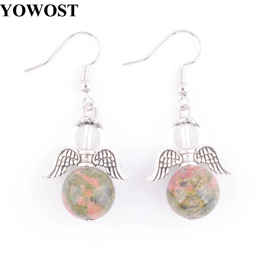 Dangle Earrings Natural Stone Unakite Jaspers Quartz Round Ball Bead Drop Earring Angel Wing Fashion Jewelry for Women IR3233 | Украшения