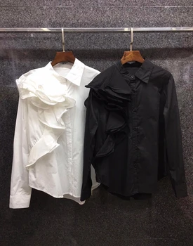 

2020 Early Autumn New Women's Irregular Lapel Ruffles Stitching Solid Color Long Sleeve All-match Shirt 819