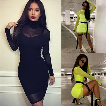 

2PCS Women Sexy Clubwear Dress Mesh Sheer See-through Bodycon Sling Dress Strap Bodycon Dress Long Sleeve Turtleneck Women Dress