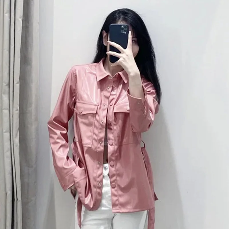 

AIRGRACIAS Ladies Leather Jacket Shirt Lapel PU Leather Coat Solid Color Slim Belt Casual Outwear Fashion Motorcycle Jackets