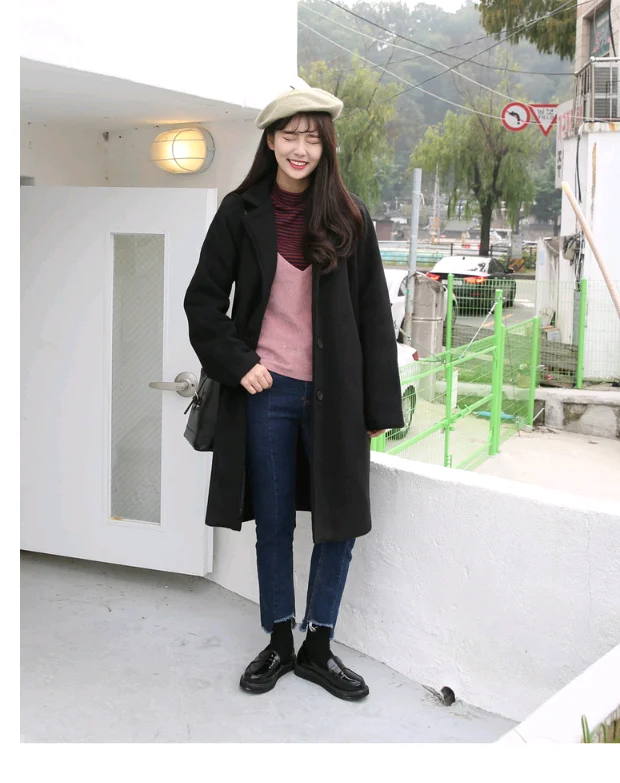 Autumn Winter New Women loose Medium Length Woolen Coat Female Fashion Casual Jackets Thick Warm Solid Color Coats CA3348
