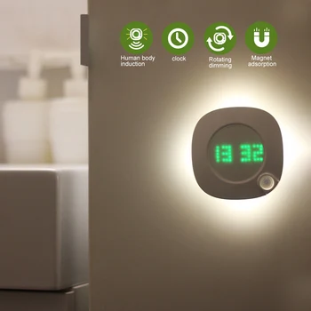 

Motion Sensor Night Light With Clock Battery Power PIR Sensor Two Lighting Color Adjustable Brightness Magnet Night Lamp