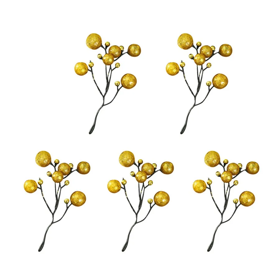 Gold New Gold/Red Christmas Tree Cherry Decoration 5Pcs Artificial Flowers Auspicious Christmas Home Decor Plant Berries 1018#30 - Color: Gold