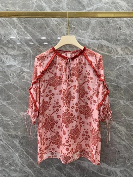 

2020 Spring and Summer New Women's Neckline Drawstring Lace Decorative Print Long-Sleeve Wild Top 416