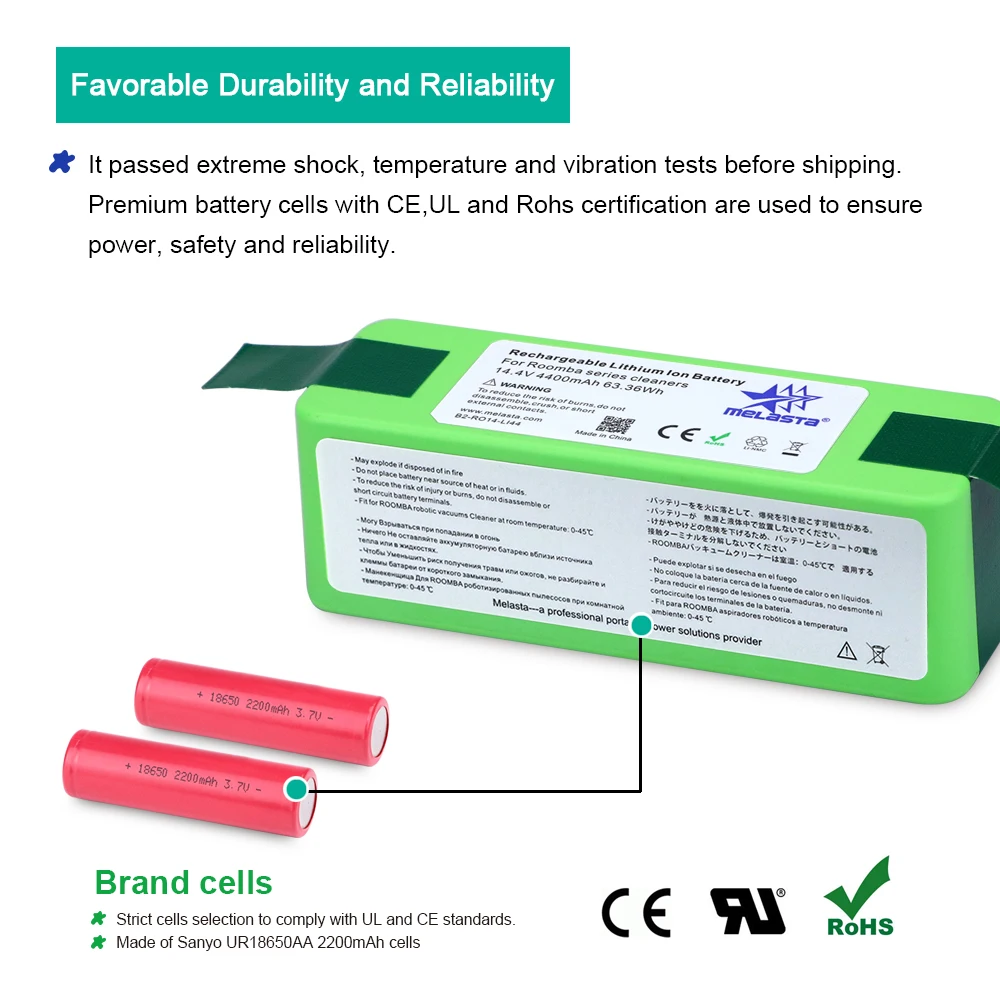 

Li-ion Battery 4.4Ah 14.4V with Brand Cells for iRobot Roomba 500 600 700 800 Series 510 530 550 560 650 770 780 790 870 880 R3