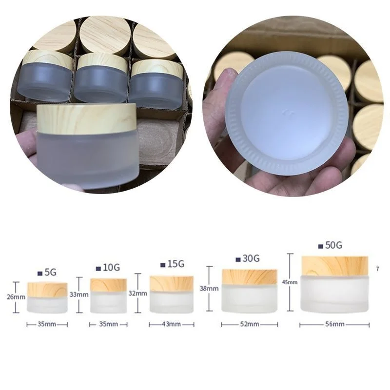 Frosted Glass Jar Cream Bottles Round Cosmetic Jars Hand Face Packing pitcher 5g 50g jug With Wood Grain Cover
