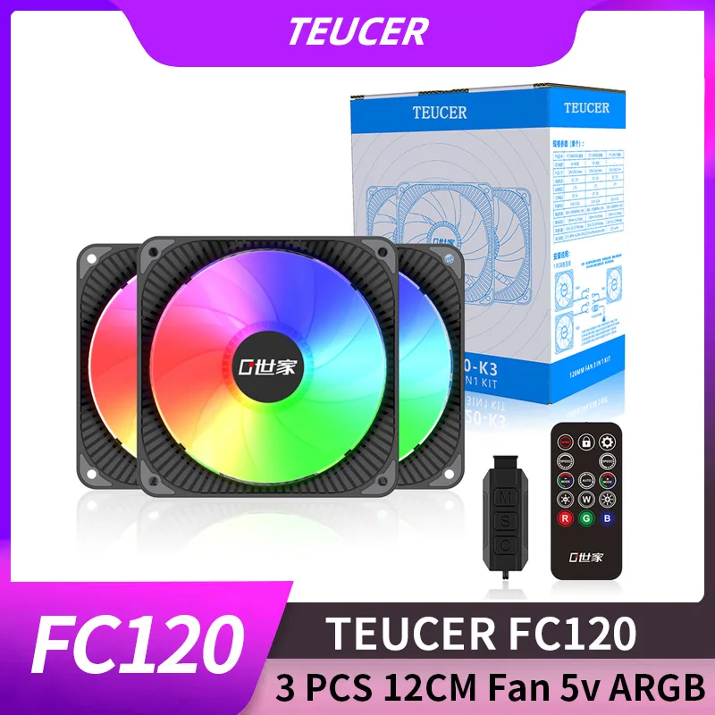 TEUCER FC120 Pro ARGB Fan 120mm Double Halo 3Pin 5v PC Computer Case Speed Adjust Quiet IR Remote Cooler Cooling | Компьютеры и офис