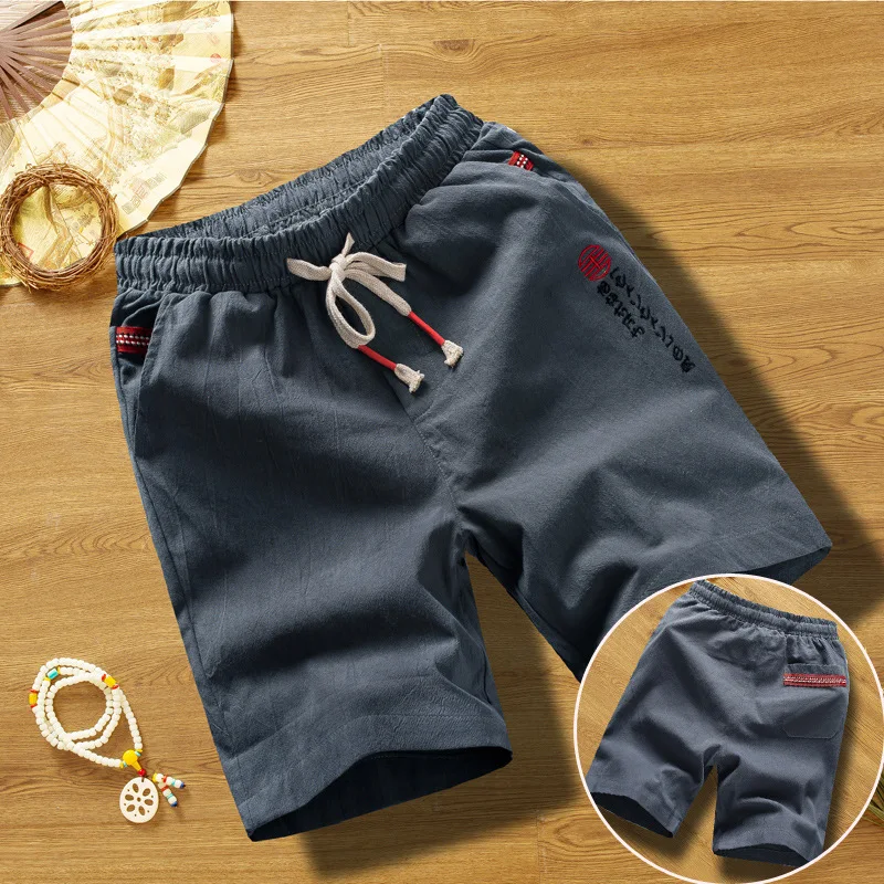 Летние хлопковые льняные шорты, мужские хлопковые льняные повседневные свободные шорты больших размеров, стильные мужские льняные шорты с вышивкой в китайском стиле