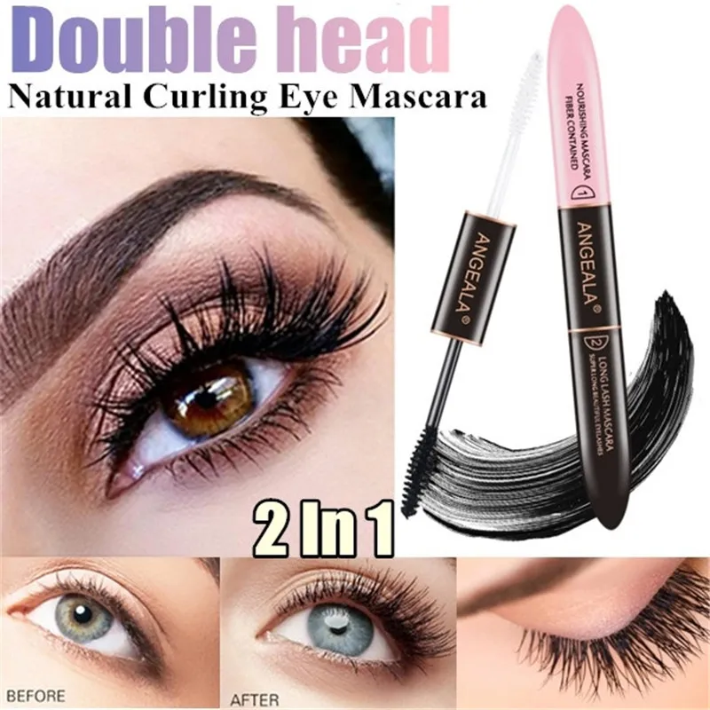 2 In 1 Mascara Waterproof 4D Silk Thick Fiber Volume Double-Headed Length Curly Quick Dry Portable Lash Makeup |