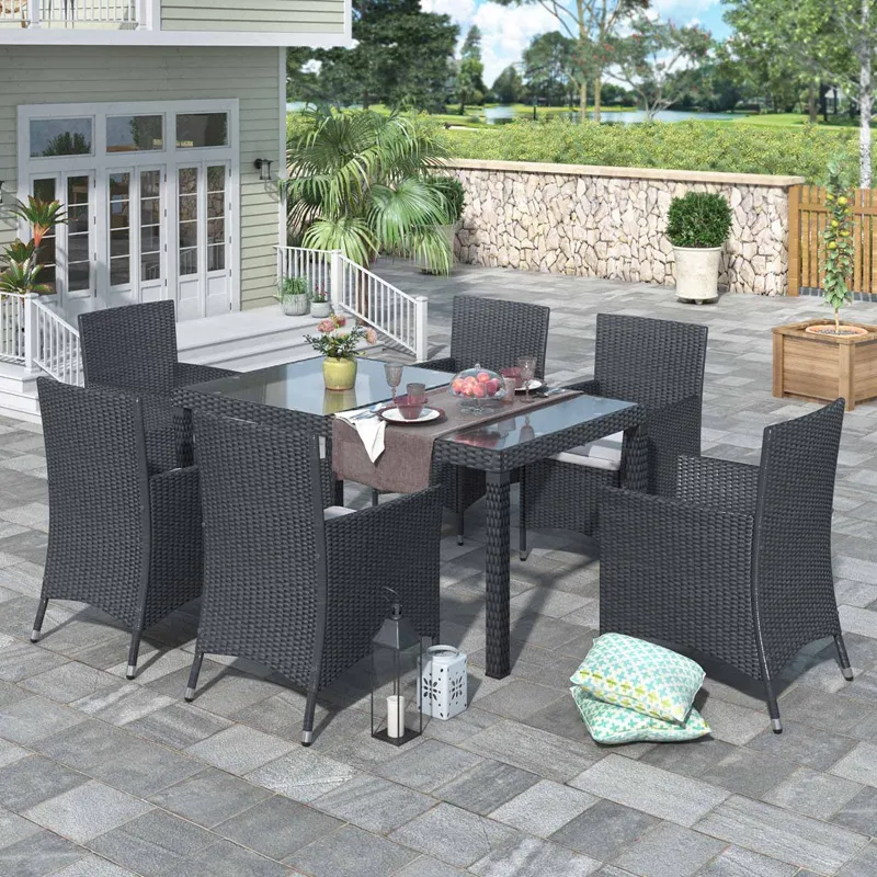 7-piece Outdoor Wicker Dining set - Dining table set for 7 - Patio Rattan Furniture Set with Beige Cushion