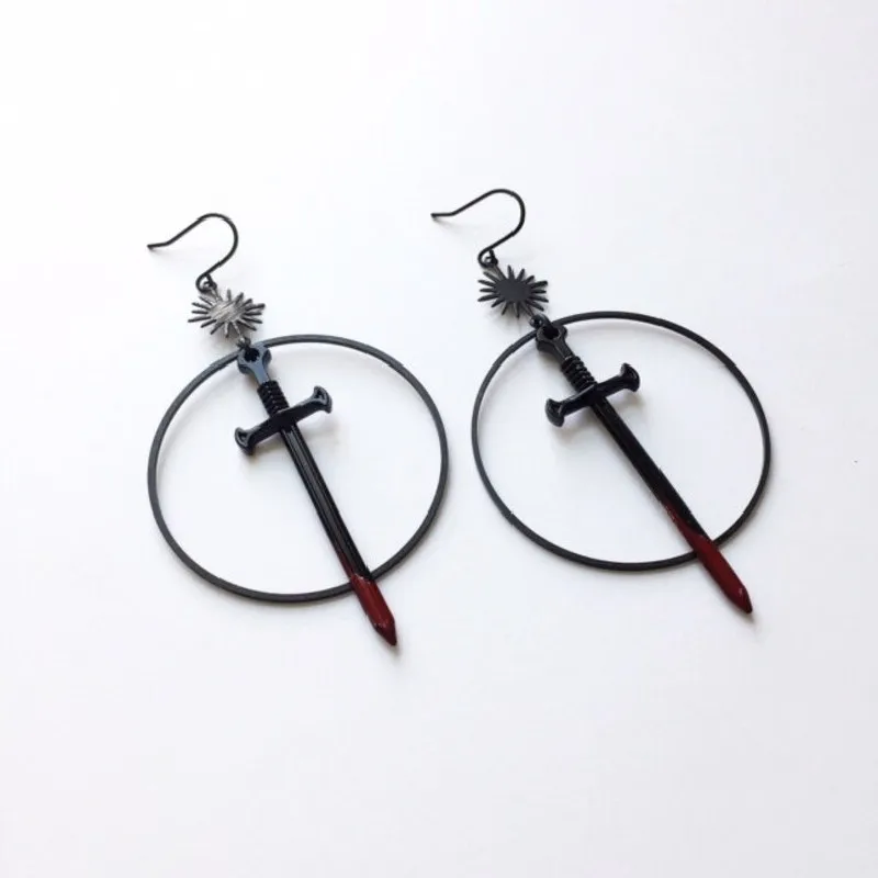 Gothic Black Night Warrior Earrings Sun Ring Sword Earrings Classic Eardrop Big Sword Statement Mystical Jewellery Women Gift drop earrings dangle earrings