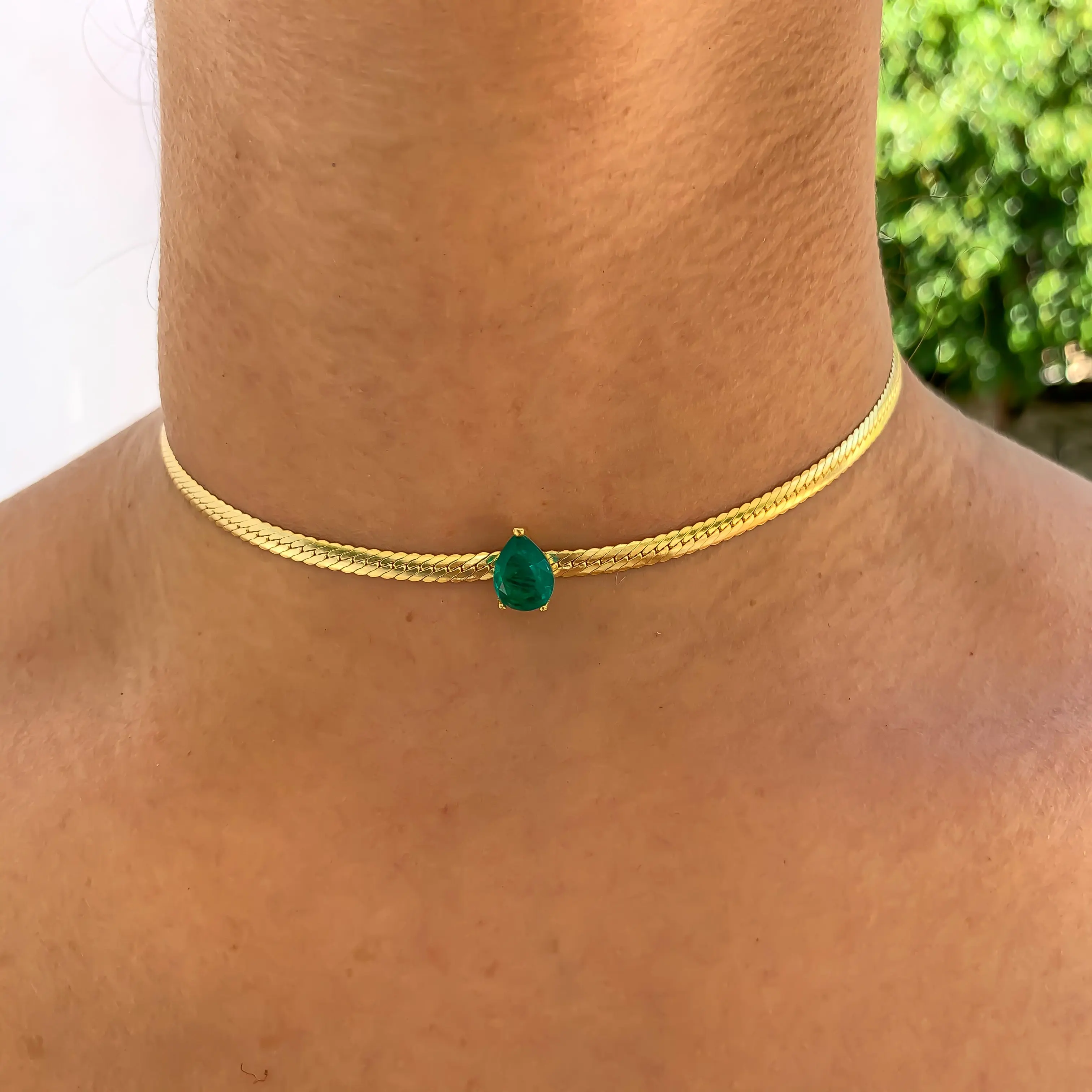 Gold Color 2022 New European Women Jewelry 4MM Cuban Link Chain Green Tear Drop CZ Single Stone Herringbone Necklace | Украшения и
